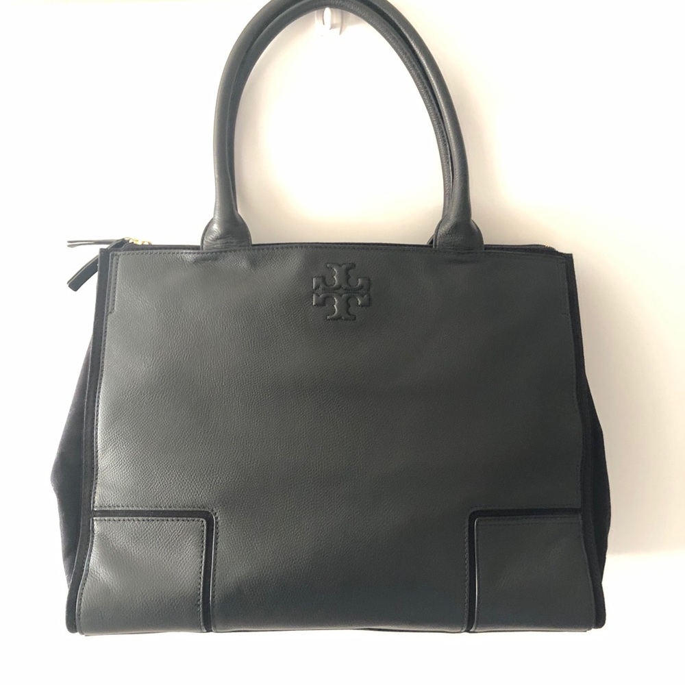 Tory Burch Ella Canvas Leather Tote Black Large